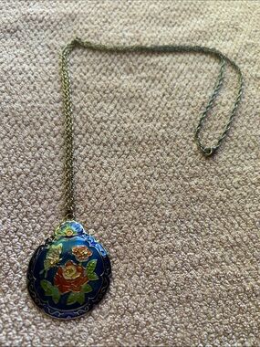 Floral Cloisonné Pendant Necklace in Navy Blue and Gold